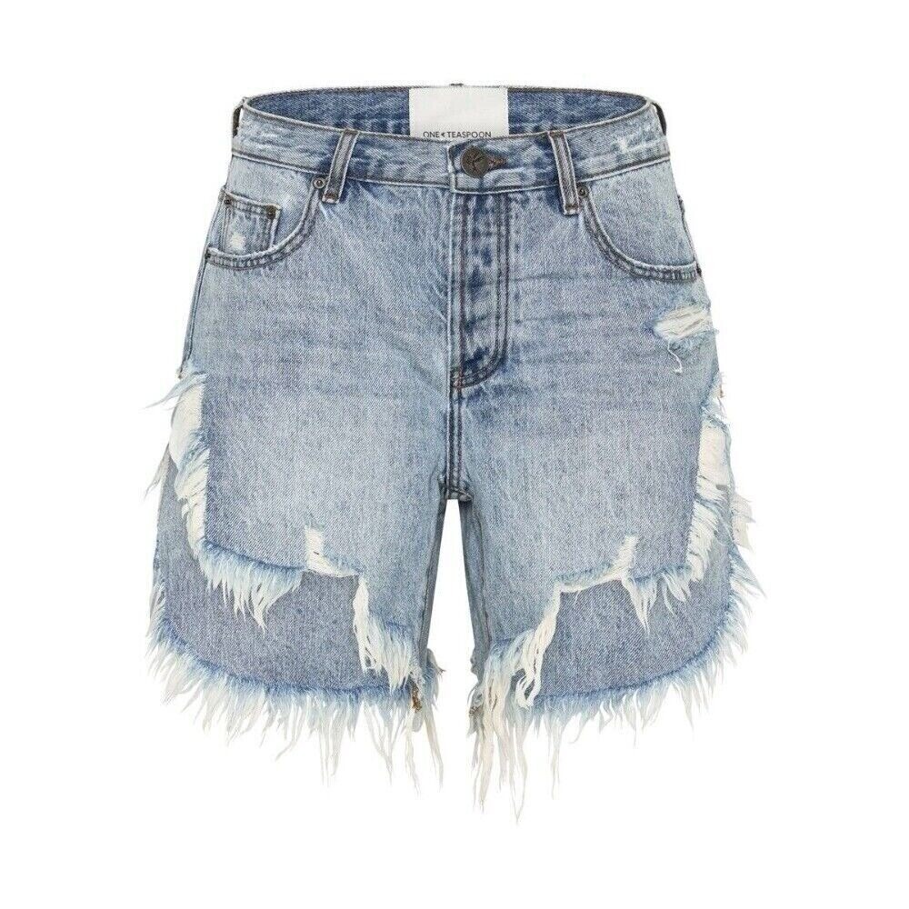 One Teaspoon NWT Frankies Denim Distressed Shorts in Hollywood Blue 23 MSRP $120